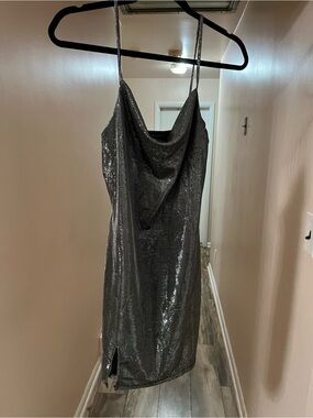 Silver Sequin Cowl Neck Mini Dress